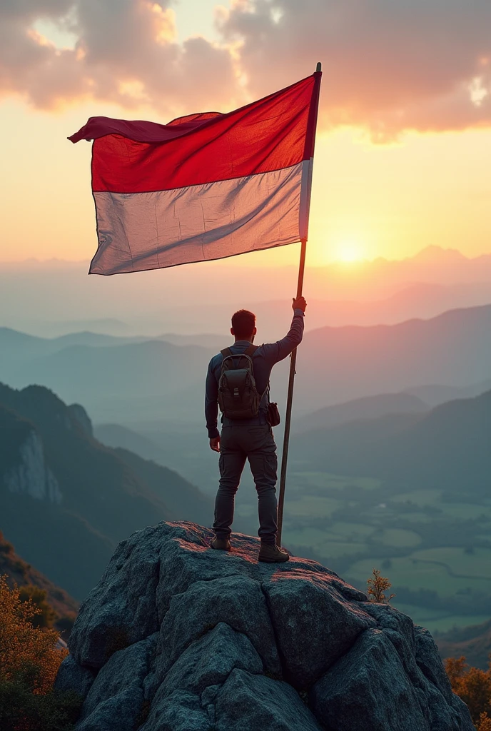 (photorealism:1.2), A man is raising the red and white Indonesian flag on top of a mountain., Sunrise,green grass