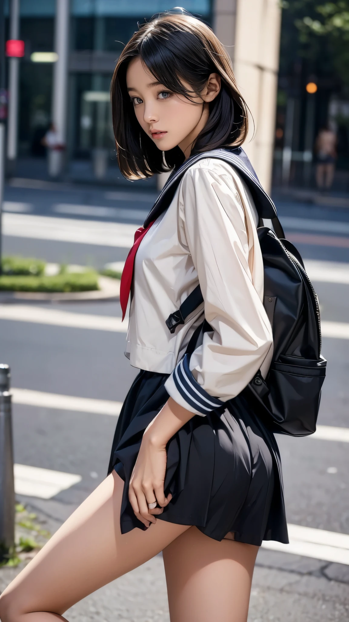 (((Accidental exposure, , Sailor suit, rucksack, Skirt caught in bag:1.3, I flipped up my skirt, Beautiful ass, Very small ass:1.4, panties))), (masterpiece:1.3), (8k, Realistic, RAW Photos, Highest quality: 1.4), Japan , (1 person), Beautiful Face, (Realistic face), (Black Hair, short hair:1.3), Beautiful hairstyle, Realistic eyes, Beautiful Eyes, Beautiful Eyes, (Realistic skin), Beautiful Skin, Long legs, charm, Ultra-high resolution, Golden Ratio