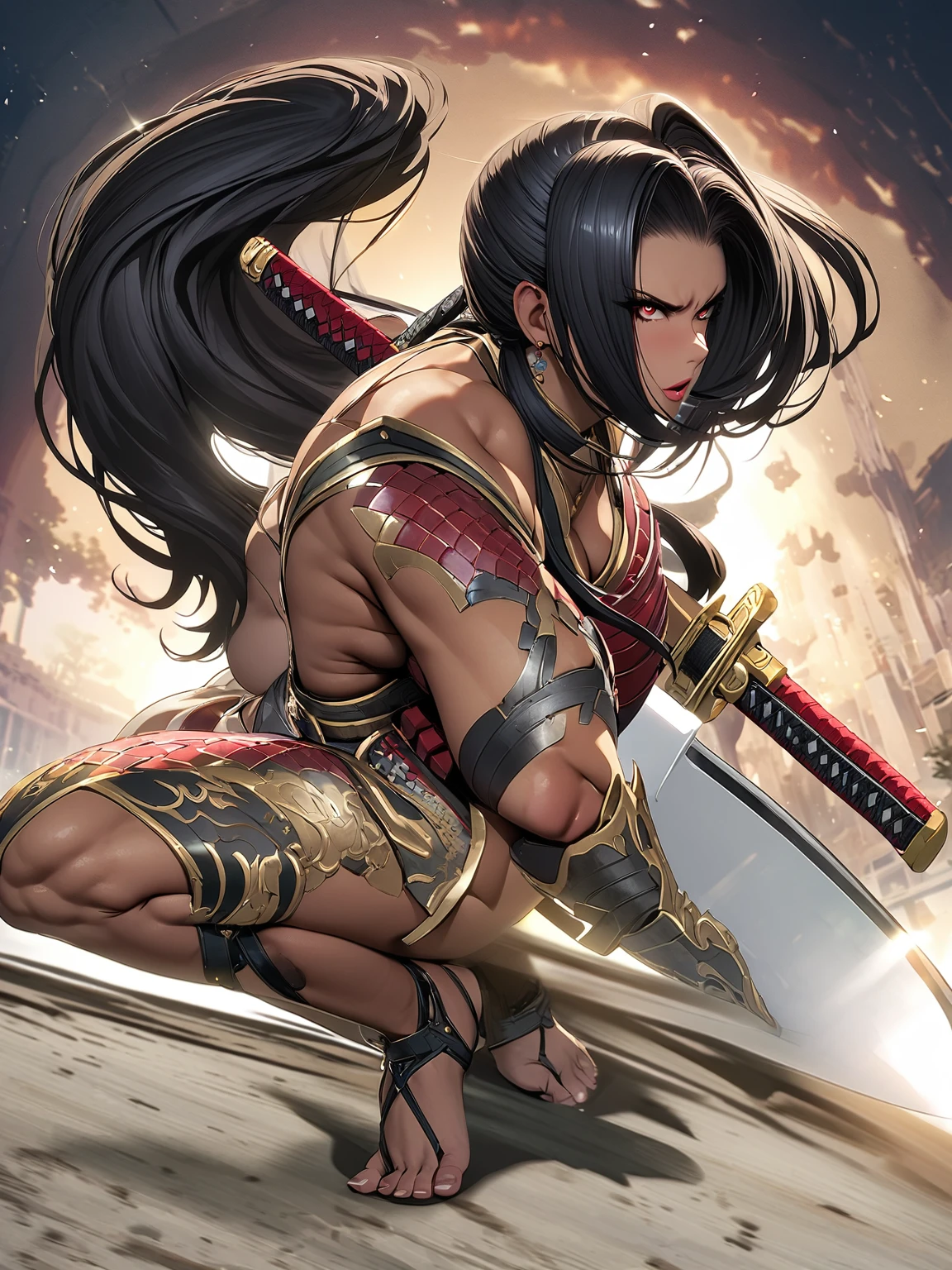 (One Japanese woman)、(squat)、(Drawing the sword)、(Black Hair)、(Long ponytail)、((Warrior Princess))、((Female Generals))、(Goddess of War)、((Old Japanese Armor))、((Holding the Japan sword))、(True to prompts)、(Deluxe)、(Feminine hourglass curves)、(Muscular)、(Glaring with sharp eyes)、(sexy)、(((Huge huge breasts))),(Big Ass)、(Thick thighs)、(Outdoor)、(what&#39;Left behind)、((Many people々々々))、(sunny)、(blue sky)、(Best lighting)、{{{Browsing Caution}}}、{{{masterpiece}}}, {{{Highest quality}}}, {{ultra-detailed}}, {{shape}}, {{{Very delicate and beautiful}}},{{extremely detailed CG}}、{{unity 8k portrait}}、{{Fabric Shading}}、{{super detailed skin}}、{{Perfect Anatomy}}、{{detailed}}、{{Dynamic Lighting}}、{{{beautiful detailed eyes}}}、{{{beautiful detailed Face}}}、{{{Realistic, RAW Photos}}}、(Perfect Face)、(非常にdetailedな顔)、(Perfect Eyes)、(Perfect Legs)、(Perfect breasts)、(Perfect pose)、(Perfect body)