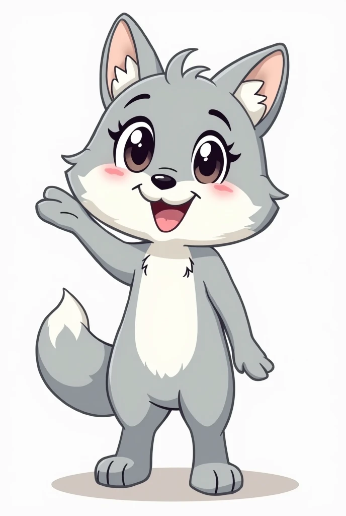 A cartoon-style she-wolf, standing on her hind legs, with a friendly, simplified design for easy tracing. The she-wolf has large expressive eyes and a soft smile. Her fur is smooth and drawn with simple lines, with some detailing on the ears, the tail is fluffy and slightly curved upwards. The she-wolf carries a relaxed pose, with one paw raised slightly as if she is waving. The colors of the she-wolf are mainly gray with white details on the belly, paws, and tip of the tail."