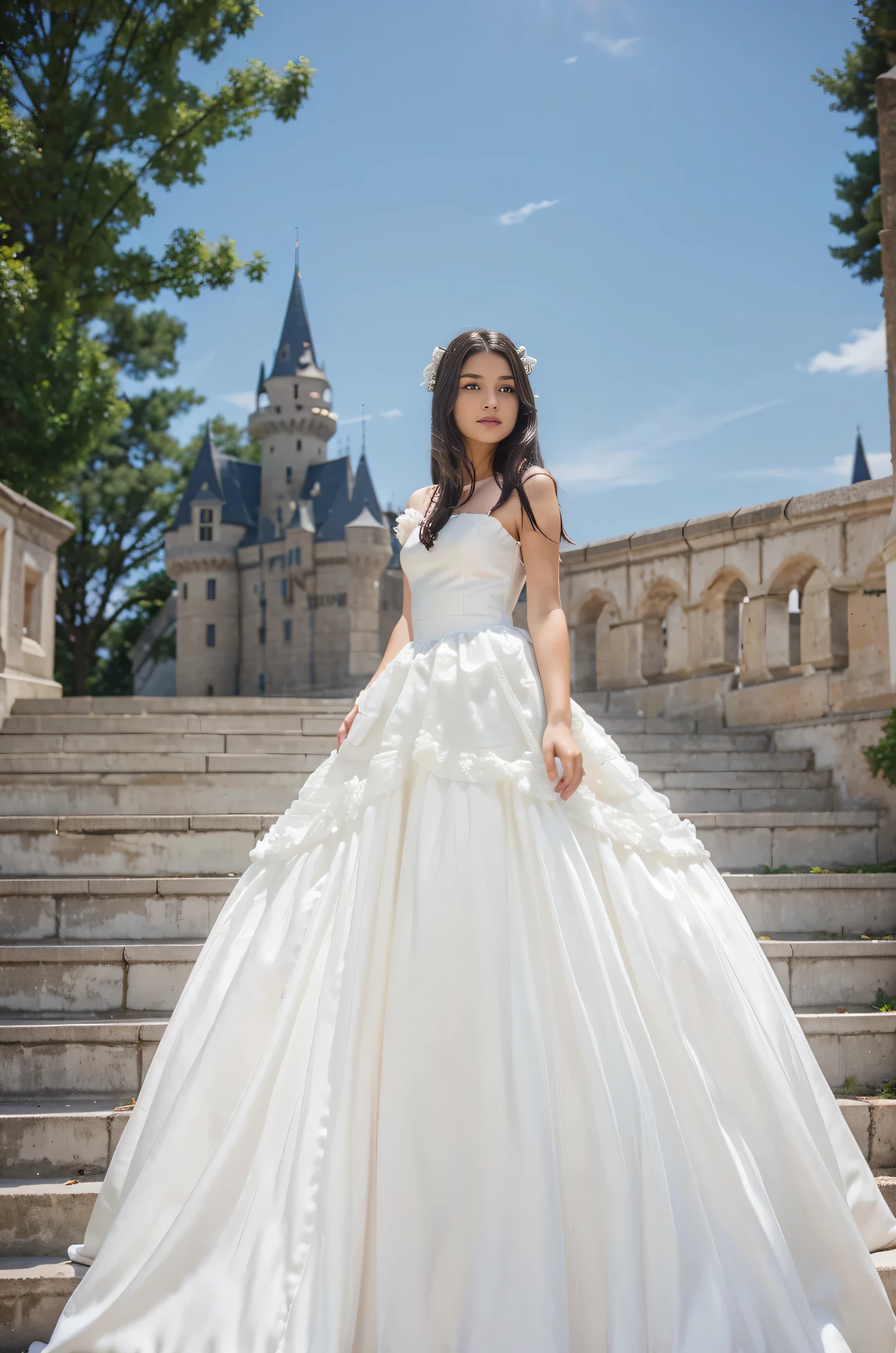 A girl with dark hair in a white fluffy princess dress stands on the stairs of a castle
