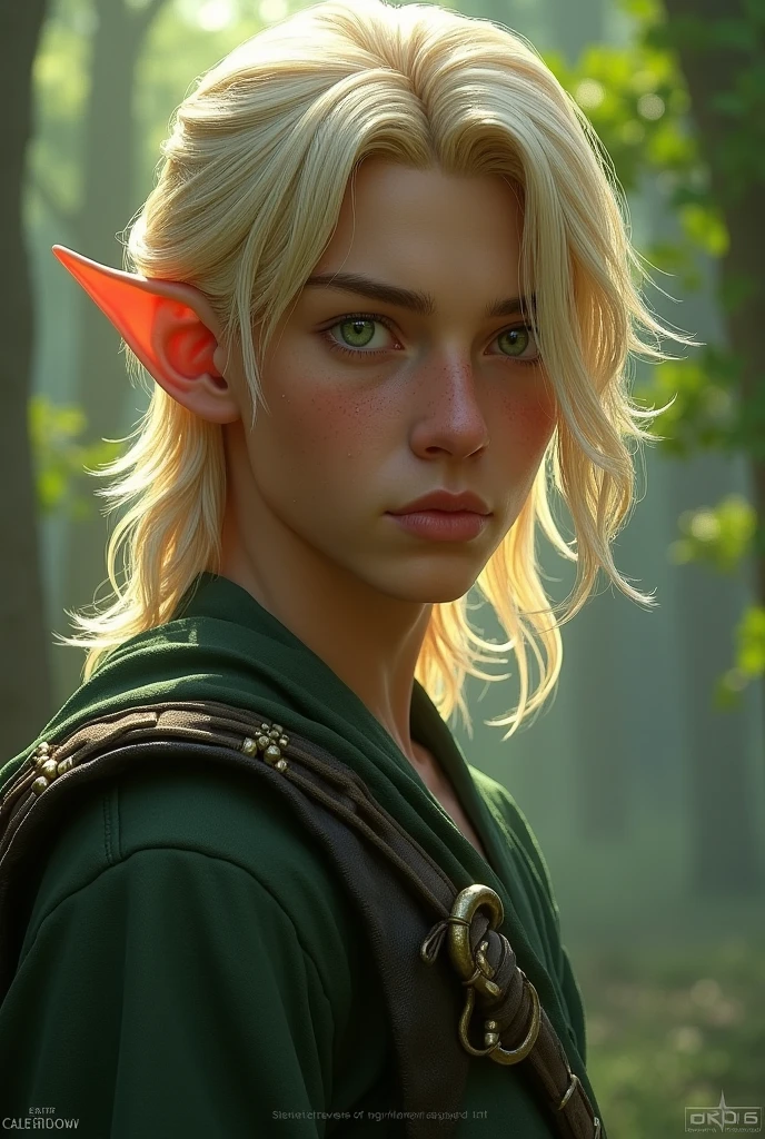 male elf, realistic, mid-long blond hair, green eyes, boy, masculine