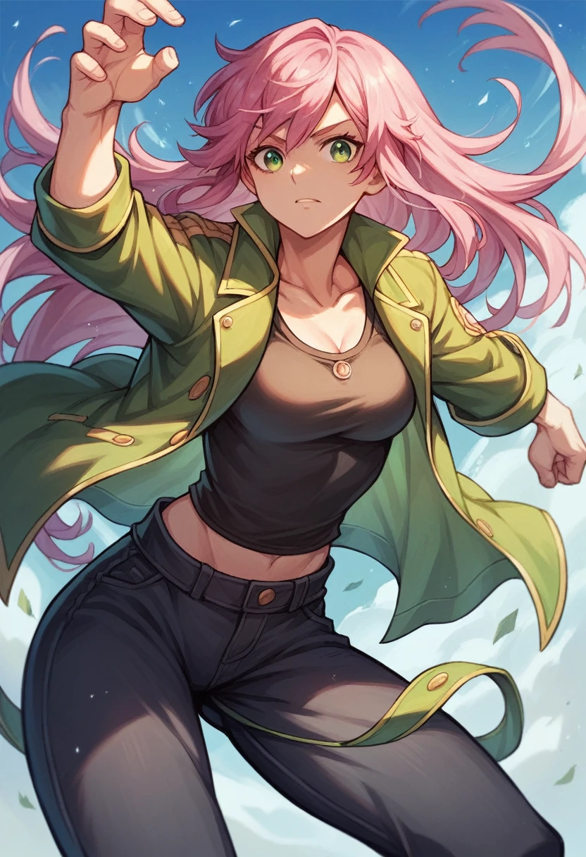 Kizi, pink hair color, with hero pose, 8k, detailed long hair, bright green eye color detailed, comely, long pants with jacket, (chest 1.75)