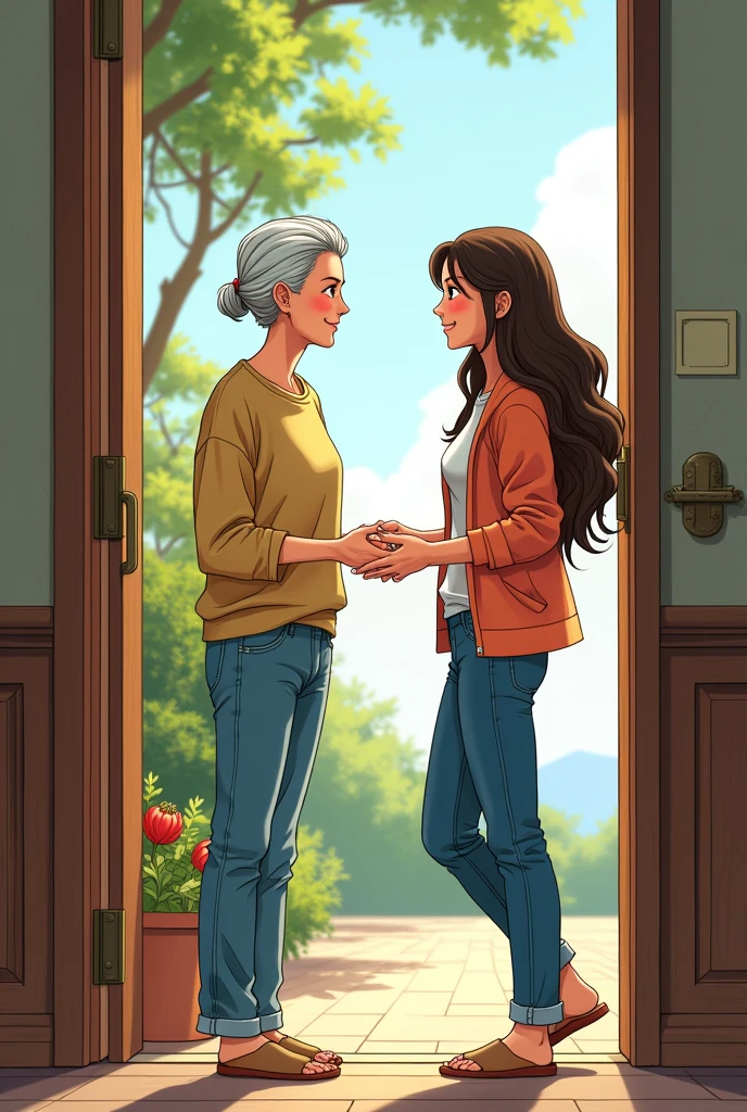 An older woman next to a younger woman with long hair and jeans, both standing in front of an open door. manga style.