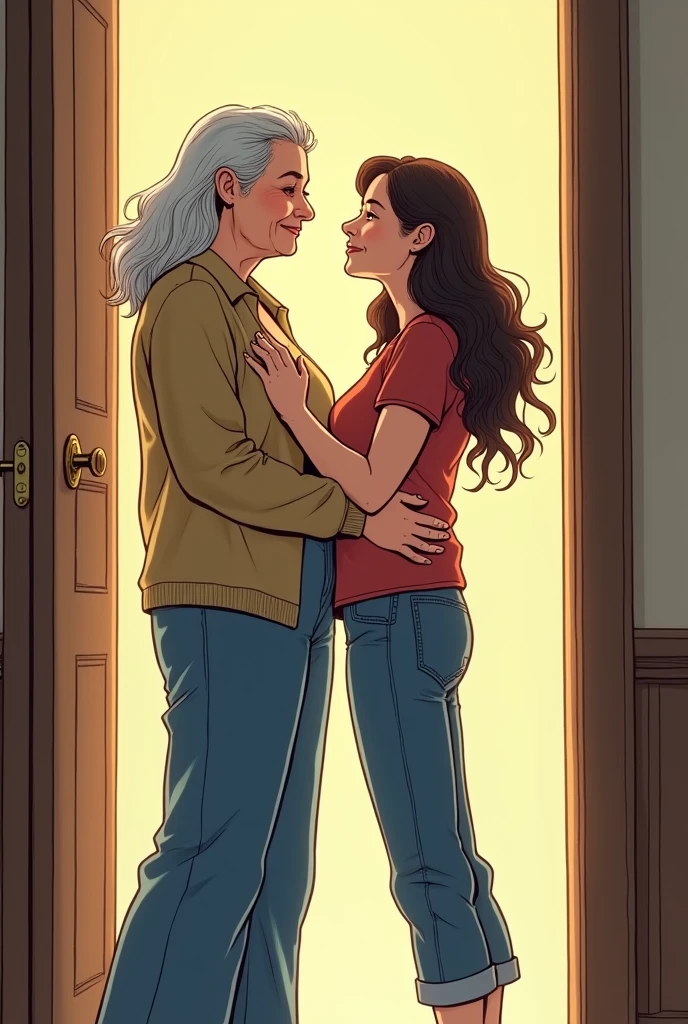 An older woman next to a younger woman with long hair and jeans, both standing in front of an open door. manga style.