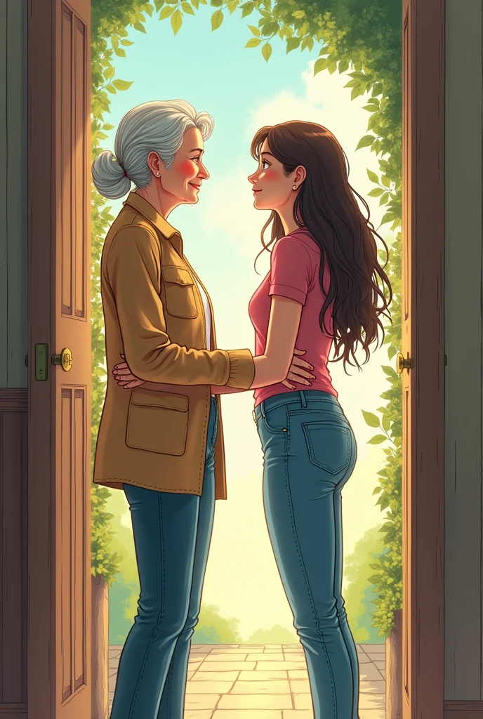An older woman next to a younger woman with long hair and jeans, both standing in front of an open door. manga style.