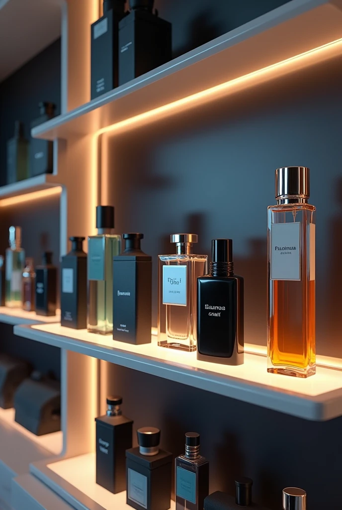 Make a shelf full of trendy men's perfumes (2024) super realistic with a 1080p