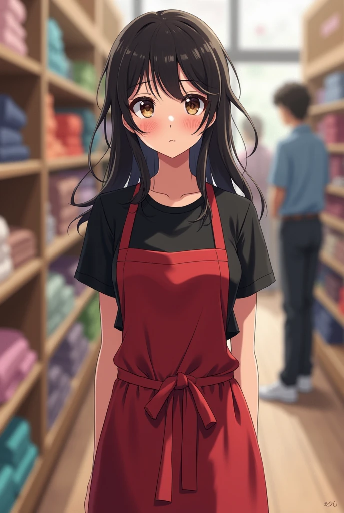 Create a brunette anime girl about 20 years old with long black hair and her hair would be somewhat unruly and brown pupils and dark circles like a raccoon from sleeplessness with a black shirt and a red apron also put black pants on her and white tennis shoes put her in the background of a fabric store as if they were serving