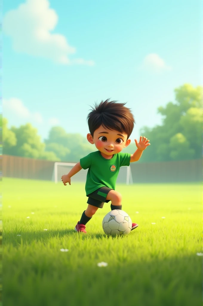 Only one person playing football, he is 3, wears a green shirt and his name is Nuras