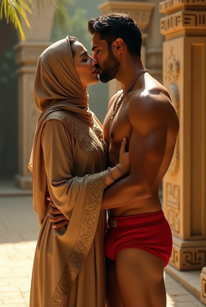 Sexy chubby women wearing shalwar kameez with hijab kissing a hot fully naked man wearing only hot red underwear in fair colour in Egyptian style realistic