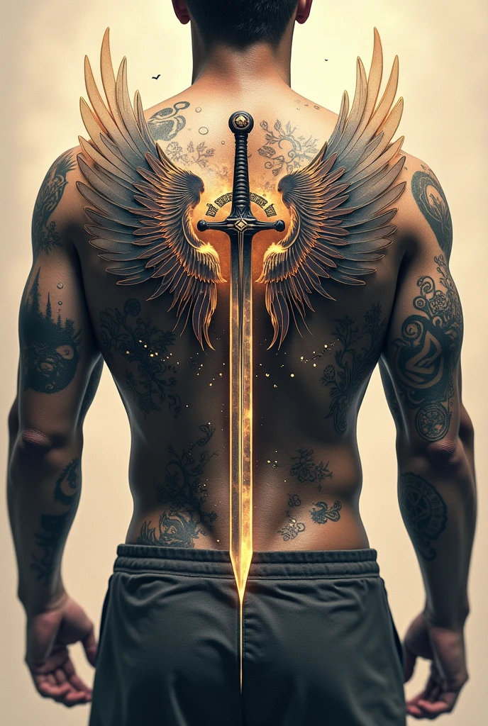 Four-angel Wings tatoo with sword, time, rune words for man