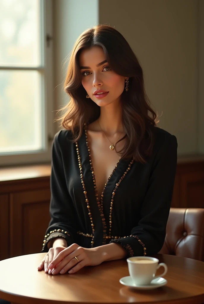 (photorealism:1.2), beautiful woman sitting in coffee bean black pakistani dress coffee table in front sunlight white skin tone pink lipstick