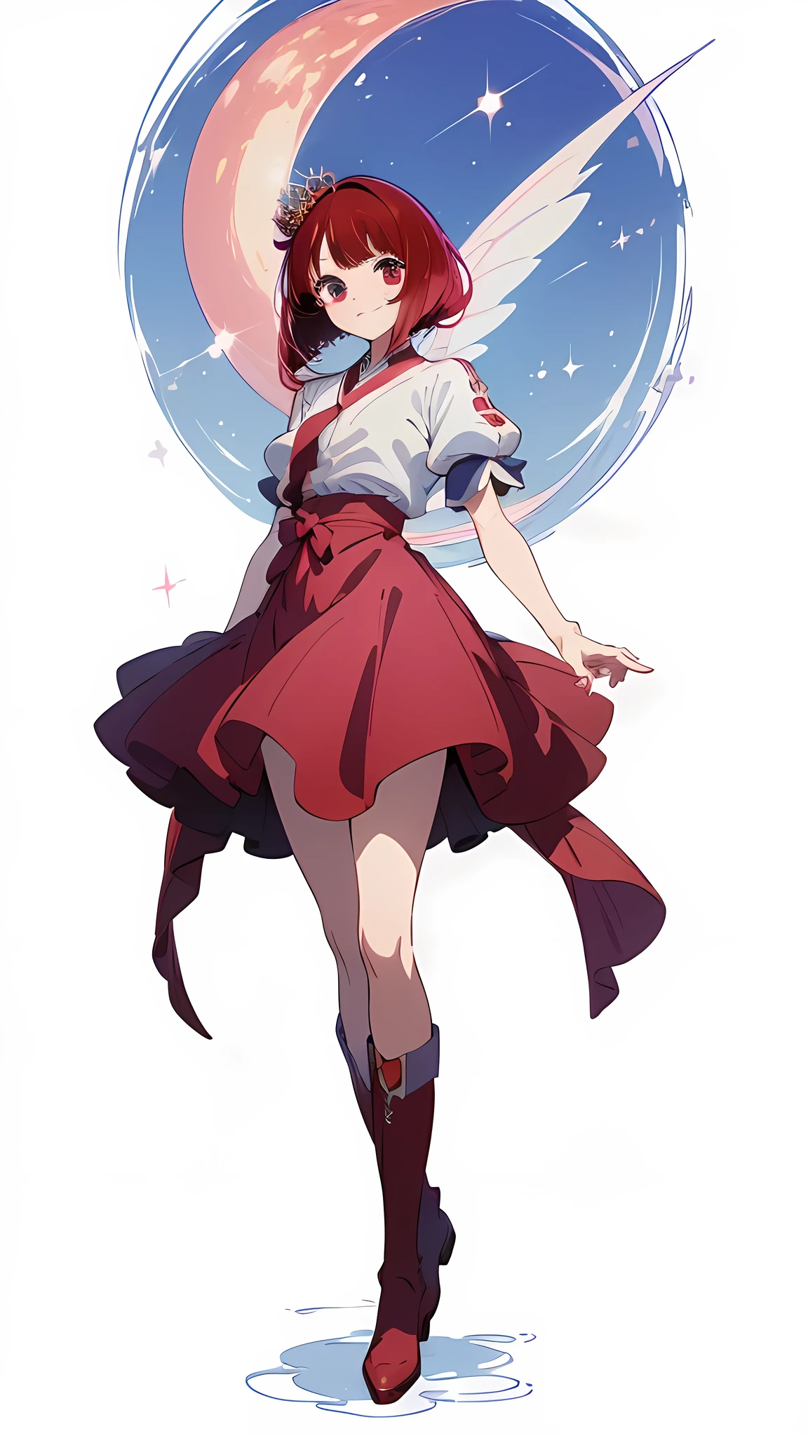 ((((masterpiece, Best Quality, Ultra-high resolution、Best illustrations))))、((Portrait wallpaper farther full body of a person standing against a white background))、anime、A highly concentrated individual、(Very delicate and cute face)、(Sparkling Eyes)、A beautiful princess crown 、smile、Red cheeks、short shoulder red hair、Clean red eyes、Long red hakama、Knee-high boots、He is wearing a fairy wand at his waist.、Standing straight, facing slightly ahead.、((Perfect hands))、