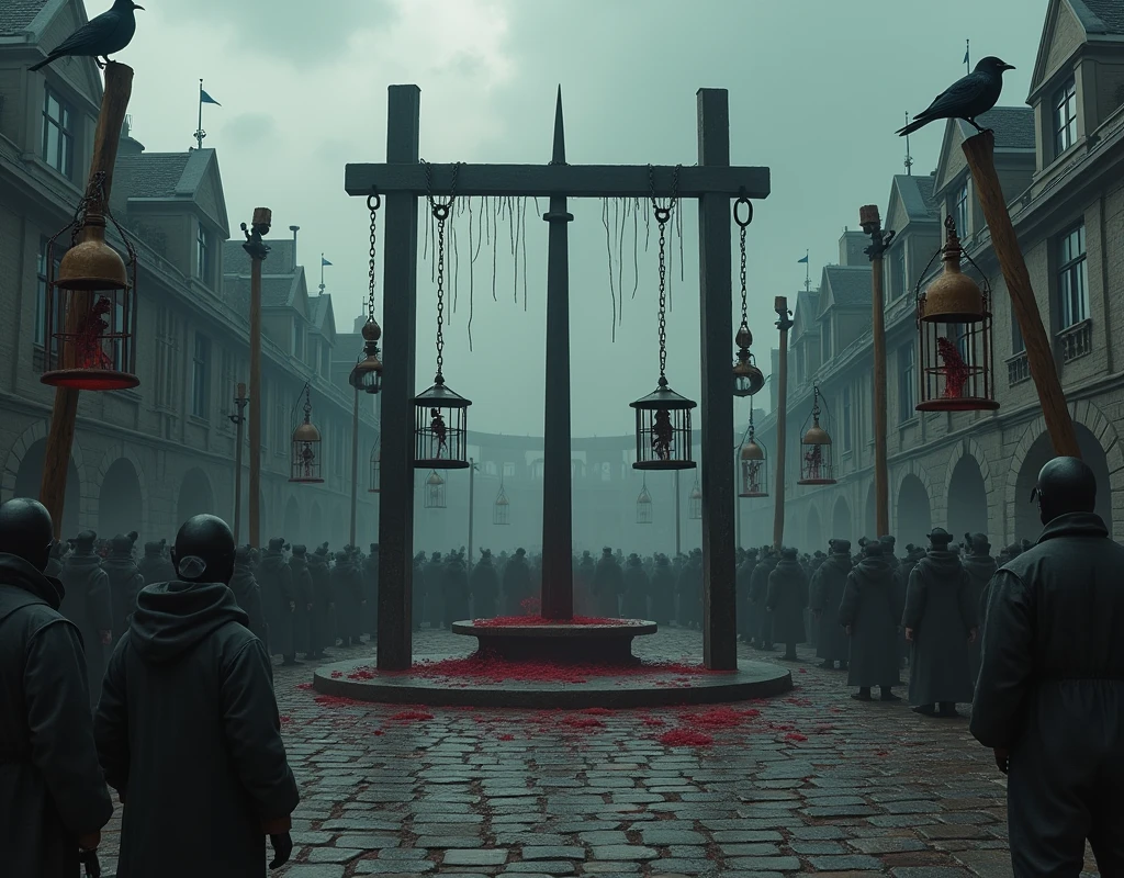 A dark and foreboding visual depiction of a city center transformed into an execution zone. At the heart of the square stands a large, imposing scaffold made of dark, weathered wood, stained with the blood of countless executions. Iron shackles hang from a thick wooden beam, while a tall, sharpened spike looms nearby. The ground around the scaffold is bare and trampled, the cobblestones worn smooth by the feet of onlookers. A low stone wall encircles the area, adorned with rusted iron spikes, creating a menacing boundary.
In the corners of the square, iron cages hang from tall wooden poles, holding the skeletal remains of previous victims. These grim displays sway and creak in the wind, adding to the eerie atmosphere. The surrounding buildings, once grand, are now darkened by soot and grime, with shattered or boarded-up windows. The scene is often shrouded in a thick, oppressive mist, with the air heavy with the scent of blood and decay.
Crows perch on the rooftops, watching the proceedings below with unblinking eyes, while the distant wail of a mourner and the harsh commands of guards break the heavy silence. The overall atmosphere is one of death and despair, capturing the grim reality of a place where hope is extinguished, and justice is meted out with ruthless finality. The art style should be realistic, emphasizing the oppressive and chilling mood of the execution zone in this dark, dystopian city center.