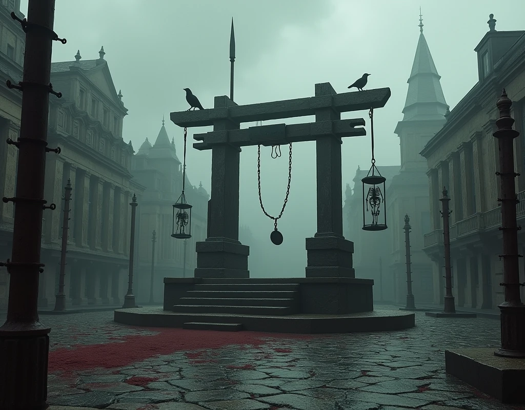 A dark and foreboding visual depiction of a city center transformed into an execution zone. At the heart of the square stands a large, imposing scaffold made of dark, weathered wood, stained with the blood of countless executions. Iron shackles hang from a thick wooden beam, while a tall, sharpened spike looms nearby. The ground around the scaffold is bare and trampled, the cobblestones worn smooth by the feet of onlookers. A low stone wall encircles the area, adorned with rusted iron spikes, creating a menacing boundary.
In the corners of the square, iron cages hang from tall wooden poles, holding the skeletal remains of previous victims. These grim displays sway and creak in the wind, adding to the eerie atmosphere. The surrounding buildings, once grand, are now darkened by soot and grime, with shattered or boarded-up windows. The scene is often shrouded in a thick, oppressive mist, with the air heavy with the scent of blood and decay.
Crows perch on the rooftops, watching the proceedings below with unblinking eyes, while the distant wail of a mourner and the harsh commands of guards break the heavy silence. The overall atmosphere is one of death and despair, capturing the grim reality of a place where hope is extinguished, and justice is meted out with ruthless finality. The art style should be realistic, emphasizing the oppressive and chilling mood of the execution zone in this dark, dystopian city center.