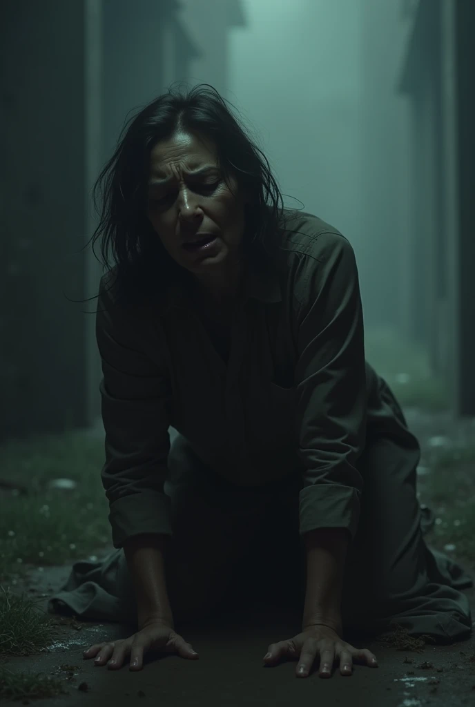 Dark image of a middle-aged woman falling to the ground