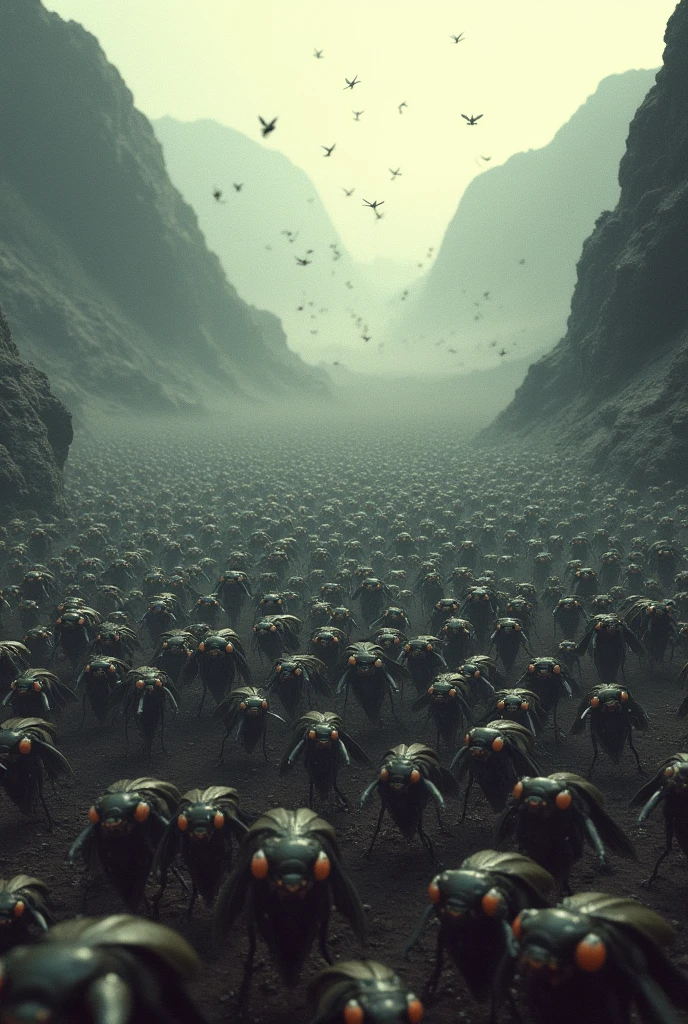 A swarm of locusts coming from behind the mountains looking
