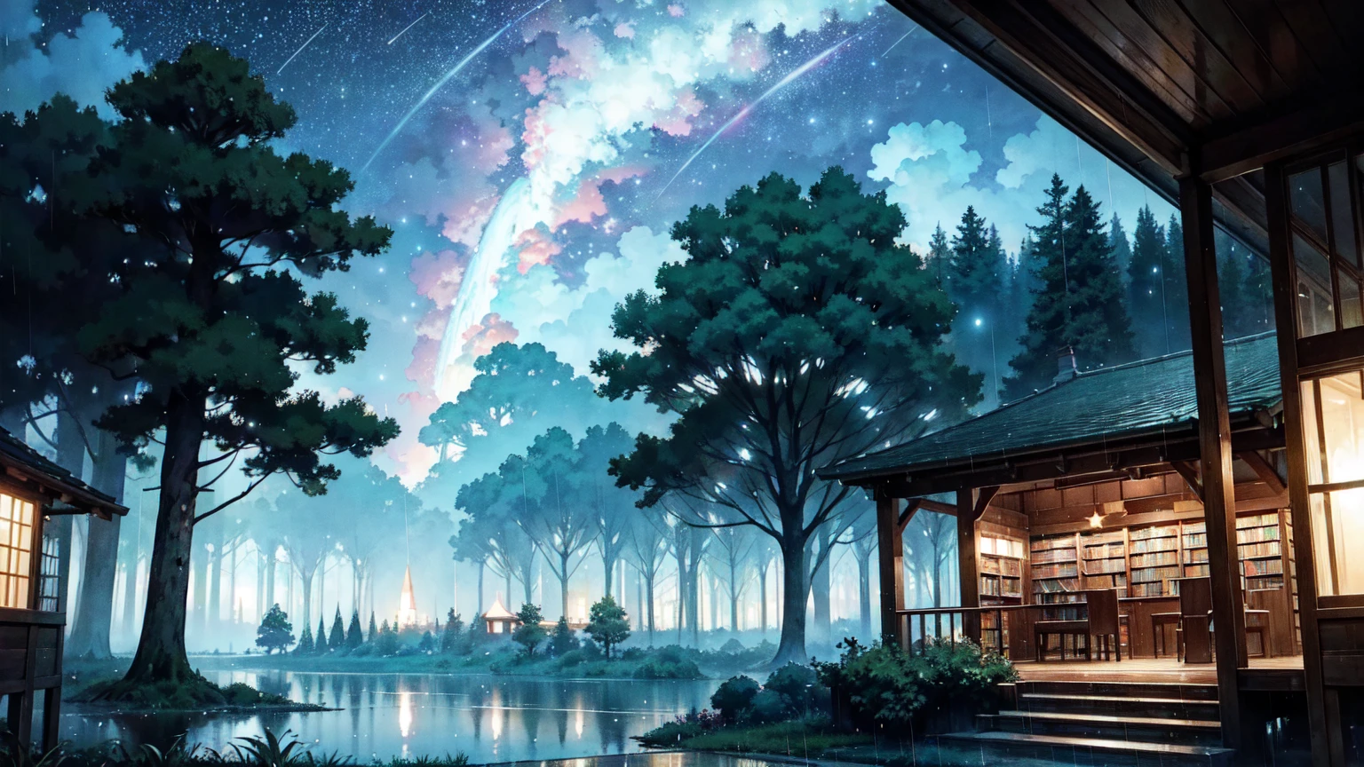 Nostalgic, Makoto Shinkai, a splendid library beyond the forest, beautiful composition. Night, heavy rain. The library can be seen beyond the forest, vivid. Sky full of stars. Rainy weather. Fantastic, forest in the foreground, library in the background. A bright picture.