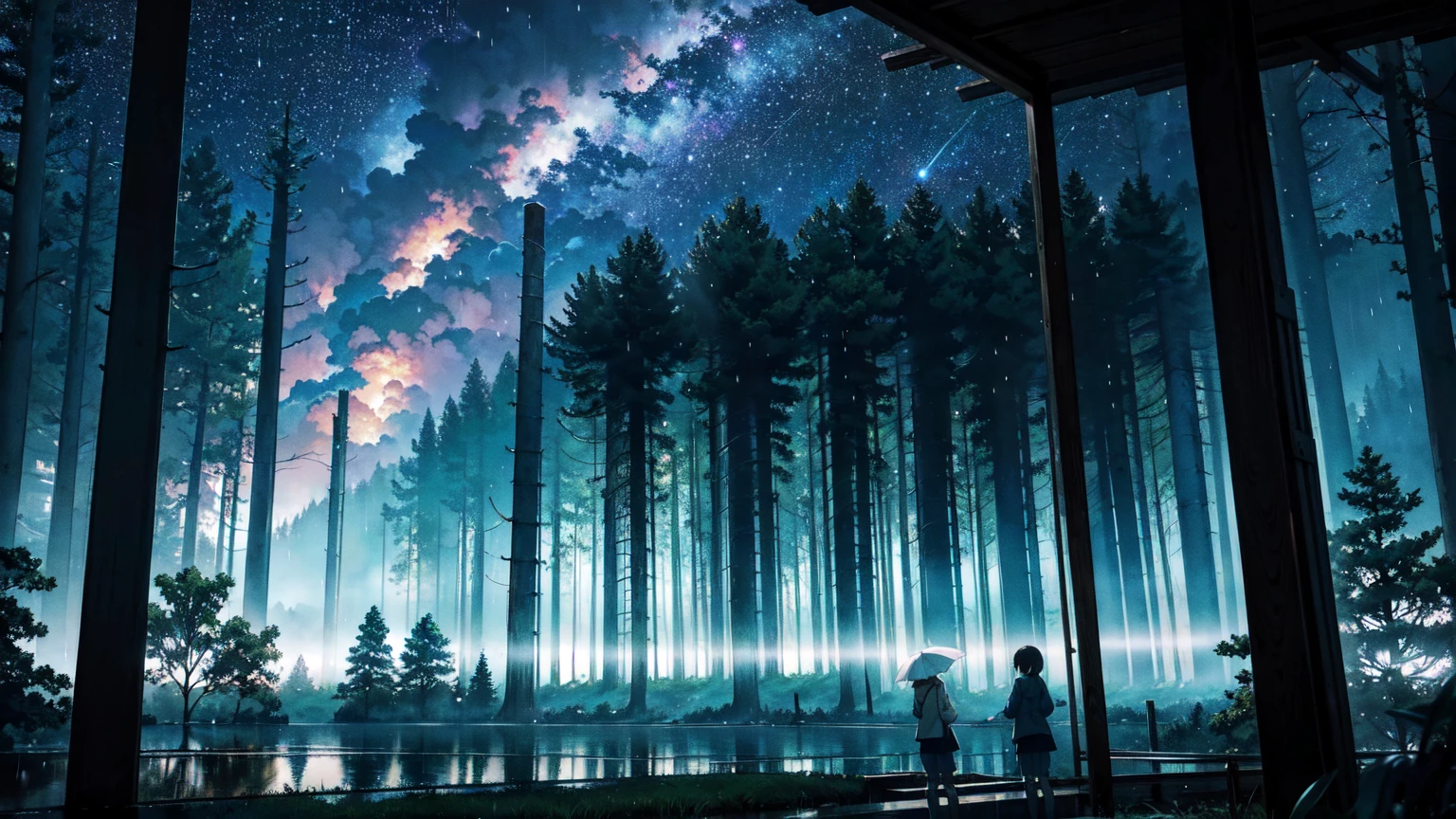 Nostalgic, Makoto Shinkai, a splendid library beyond the forest, beautiful composition. Night, heavy rain. The library can be seen beyond the forest, vivid. Sky full of stars. Rainy weather. Fantastic, forest in the foreground, library in the background. A bright picture.