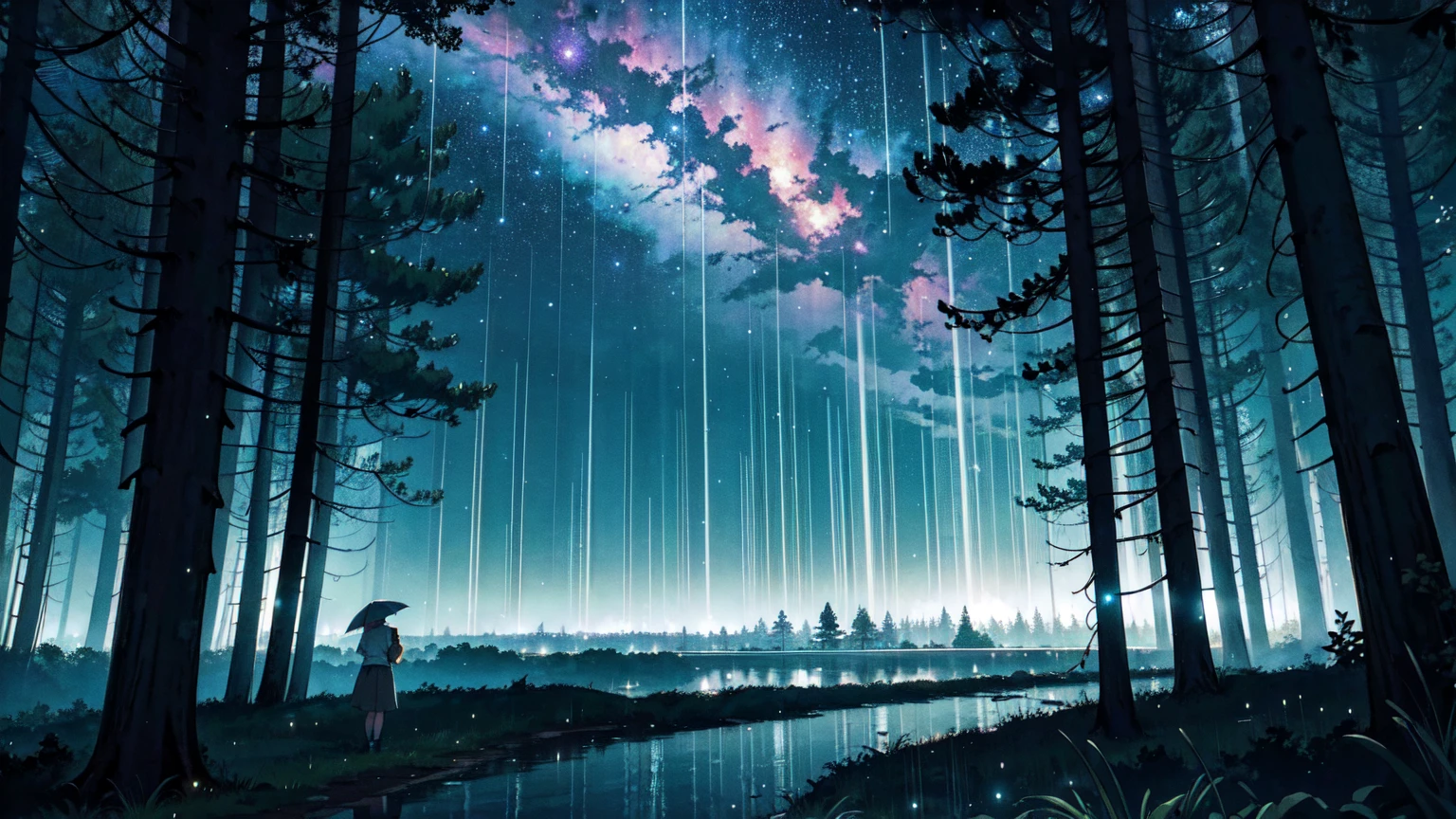 Nostalgic, Makoto Shinkai, a splendid library beyond the forest, beautiful composition. Night, heavy rain. The library can be seen beyond the forest, vivid. Sky full of stars. Rainy weather. Fantastic, forest in the foreground, library in the background. A bright picture.