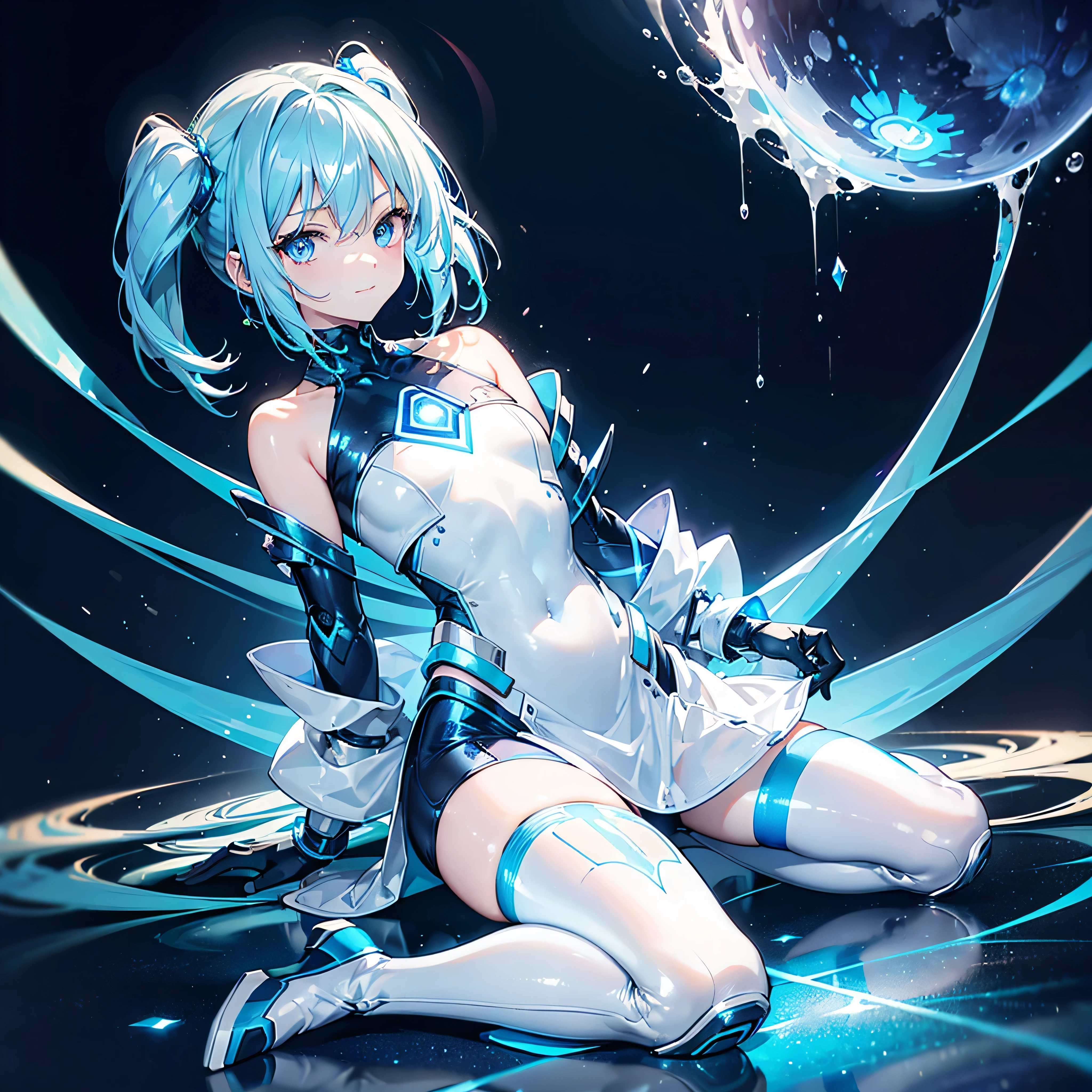 ((Holographic glow effect)),8k, Highest quality, (real:1.4), Original photo, 1 person, Asari Hair, Biological Amplifier, Very sleek and futuristic armor, posture: Peace talks between warring factions,,attention arousal, smart blue eyes,A modest smile,Knee-high boots,Patent-look blue tights,Blue big moon and blue light swirl in the background,Blue light from behind,blue light magic,A small, glowing blue ball in the palm of your hand,Blue flame swirl,Blue Comet,Polished floor,