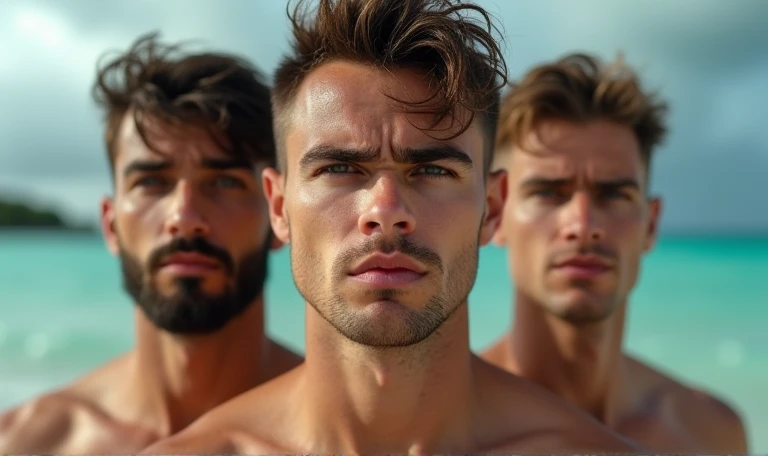 [((highly detailed, detailed eyes, detailed face, clear and realistic facial features, photorealistic, realistic light, cinematic, close up)), ((((3 men)))), (((each man looks unique, each man has a different natural hair color, each man has different facial features))), ((((((each man has a different ethnicity))))), (((( adults)))), ((((sexy muscular male jocks standing on the beach and looking angry or frustrated)))), ((wearing casual clothes)), ((beautiful deserted tropical island with a storm in background))]