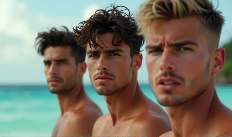 [((highly detailed, detailed eyes, detailed face, clear and realistic facial features, photorealistic, realistic light, cinematic, close up)), ((((3 men)))), (((each man looks unique, each man has a different natural hair color, each man has different facial features))), ((((((each man has a different ethnicity))))), ((((young adults)))), ((((sexy muscular male jocks standing on the beach and looking angry or frustrated)))), ((wearing casual clothes)), ((beautiful deserted tropical island with a storm in background))]