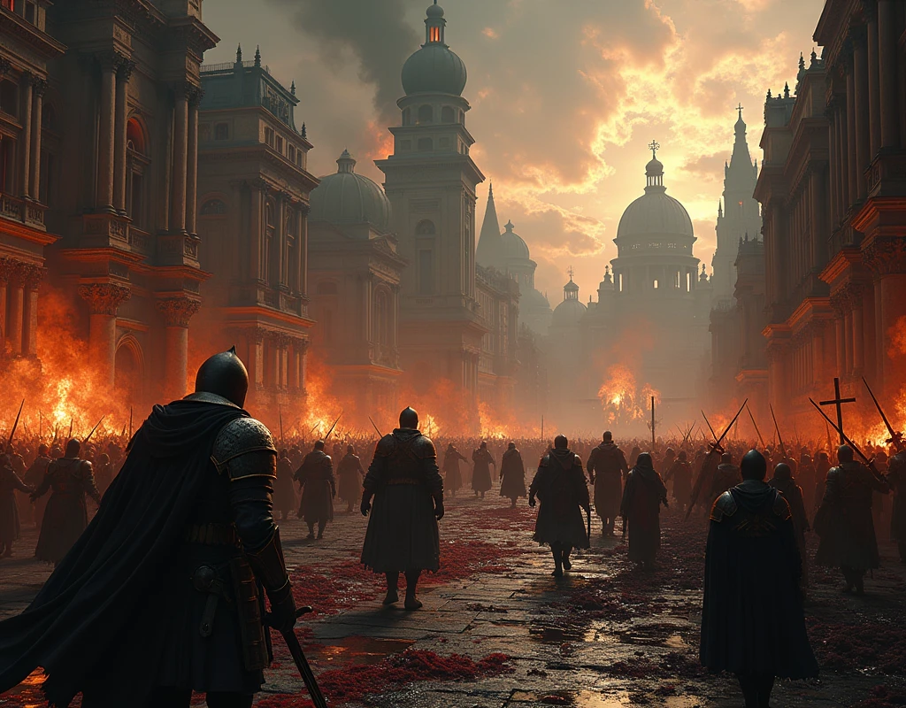 A grim and brutal visual depiction of a city being sacked by the Iron Talon army. The streets are filled with the bodies of the fallen, blood pooling on the cobblestones. Buildings that once stood tall and proud are now engulfed in flames, their structures crumbling as smoke billows into the darkened sky. Iron Talon soldiers, clad in black and gold armor, move through the city like harbingers of death, their weapons dripping with the blood of those who dared to resist. The scene is one of utter chaos and horror—women and children cry out in despair, while men are cut down without mercy. Some soldiers loot and ransack homes, dragging out the terrified occupants to meet their grisly fate. The air is thick with the stench of smoke and blood, and the sounds of agony and destruction echo through the night. In the distance, the once-beautiful stone structures and statues lay in ruins, shattered and defiled. The atmosphere is dark, oppressive, and filled with the raw brutality of war. The art style should be realistic, capturing the intense and harrowing details of the sack, emphasizing the atrocity and bloodshed committed by the Iron Talon army.