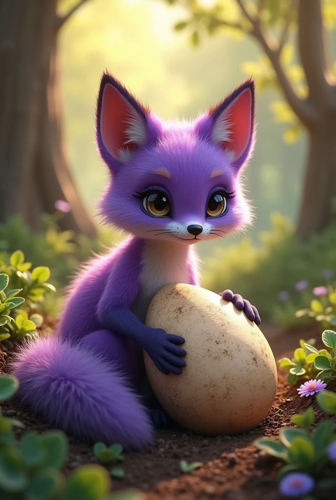 a highly detailed, photorealistic purple fox, hatching an ostrich egg in a lush forest, cute and whimsical, intricate details, warm lighting, vibrant colors, (best quality,4k,8k,highres,masterpiece:1.2),ultra-detailed,(realistic,photorealistic,photo-realistic:1.37),extremely detailed fox,beautiful detailed eyes,beautiful detailed fur,extremely detailed ostrich egg,lush green forest,warm sunlight,soft lighting,magical atmosphere,whimsical fantasy