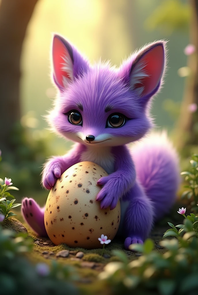 a highly detailed, photorealistic purple fox, hatching an ostrich egg in a lush forest, cute and whimsical, intricate details, warm lighting, vibrant colors, (best quality,4k,8k,highres,masterpiece:1.2),ultra-detailed,(realistic,photorealistic,photo-realistic:1.37),extremely detailed fox,beautiful detailed eyes,beautiful detailed fur,extremely detailed ostrich egg,lush green forest,warm sunlight,soft lighting,magical atmosphere,whimsical fantasy