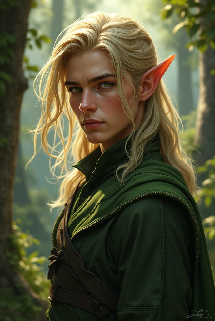 male elf, realistic, mid-long blond hair, green eyes, boy, masculine,