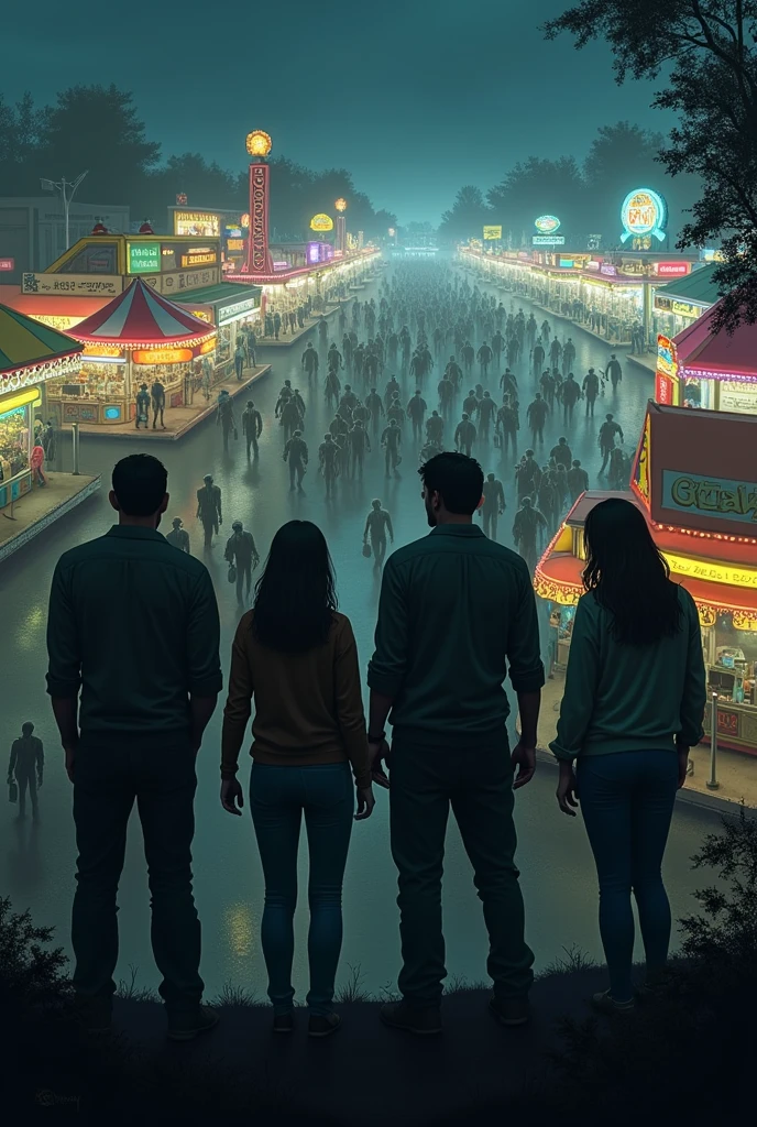 4 survivors 3 men and a woman looking from behind at a fair full of zombies at night 
