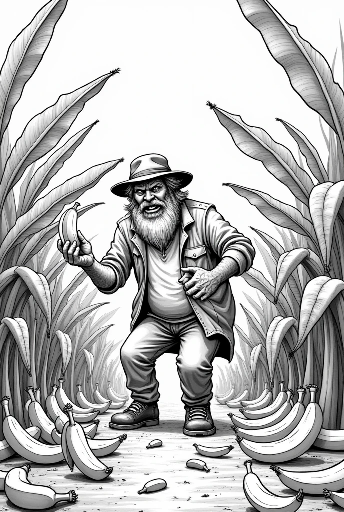 Create an easy to draw black and white drawing, of a slightly older man with a beard and hat, frustrated and angry, Make him be in a banana plantation and there are several bananas on the ground and the man has a banana in his hand examining them and a pest appears , He puts more bananas on the ground and a plague comes out of the banana that the man has in his hand. .
Place a lot of bananas scattered on the ground and the man has one in his hand and from that banana comes a bug or pest . He puts more hands around him and the man stands with one in his hand and the plague but said plague until it is coming out of the banana that the man has in his hand