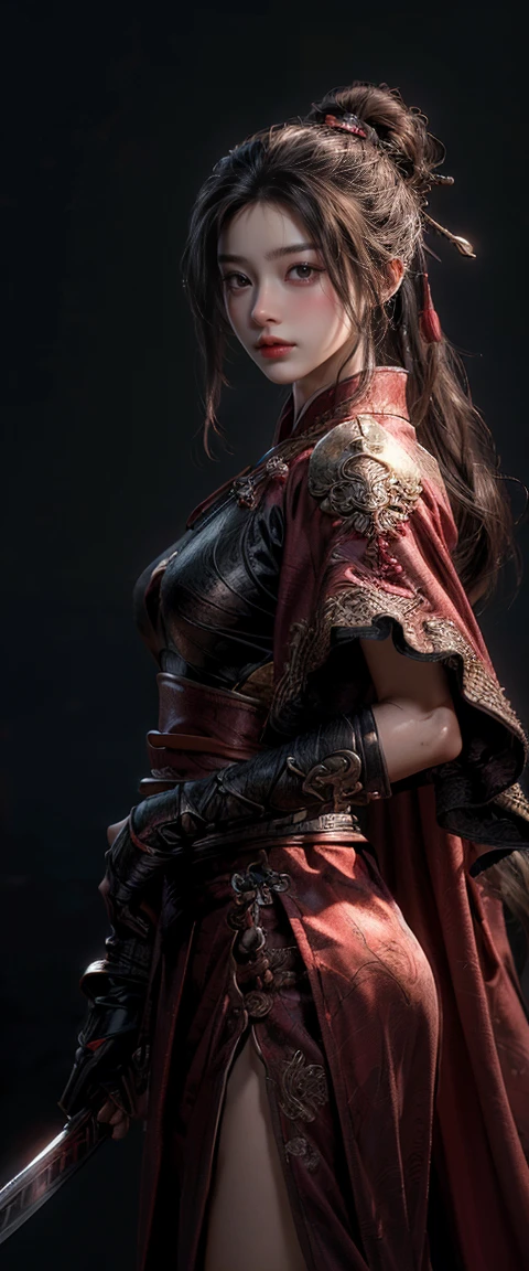 ((Masterpiece, Top Quality, High Resolution, Photorealistic, Raw, 8K wallpaper)), A female swordsman in Chinese clothes, Hero of the Three Kingdoms, (A large sword is held in both hands), She has long black hair tied back, wears iron armor and a cape