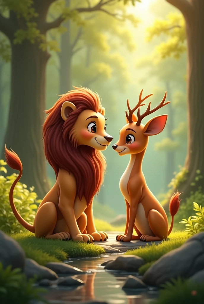 A lion having friendship with a deer