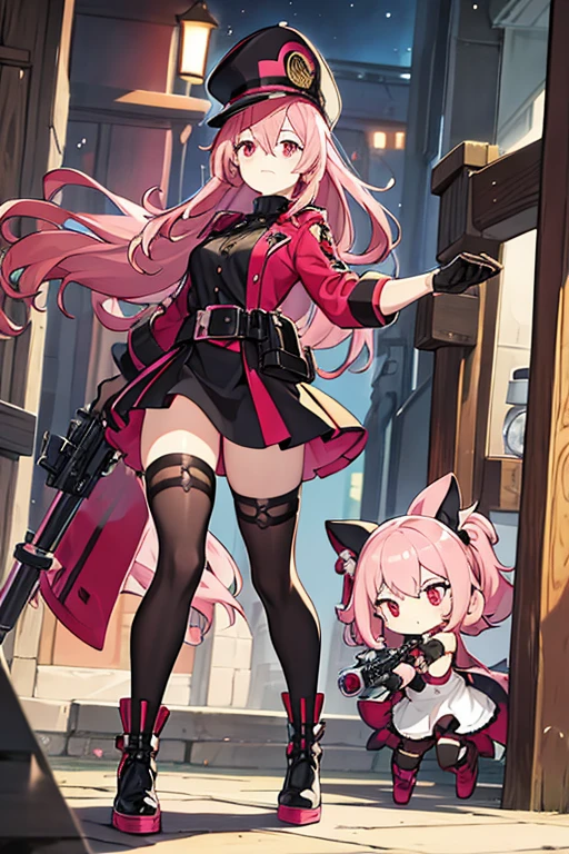 women, pink hair, with an eye patch, Red eyes, leather gloves, black dress,pink and white, Long black boots, with a cannon, with black commander hat
