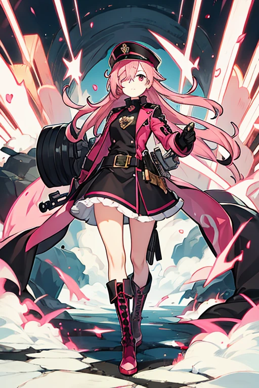 women, pink hair, with an eye patch, Red eyes, leather gloves, black dress,pink and white, Long black boots, with a cannon, with black commander hat
