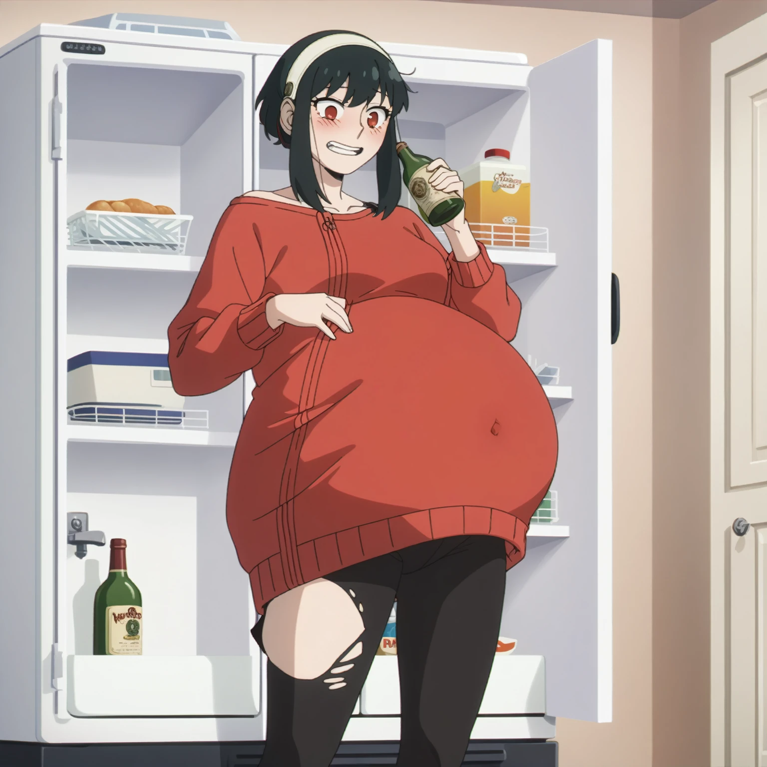 I look at the viewer, One, yorforger,1 girl, ((medium )), ((belly stuffed)), ((huge belly)), ((Very drunk)), ((staggers)), black hair, Red eyes, short hair with long strands, white hair band, from the shoulder, ((red sweater)), black tights, ((drank too much)), ((exhausted)), ((excited)), ((in front of the refrigerator)), ((Outdoor refrigerator)), ((lean on the fridge)),