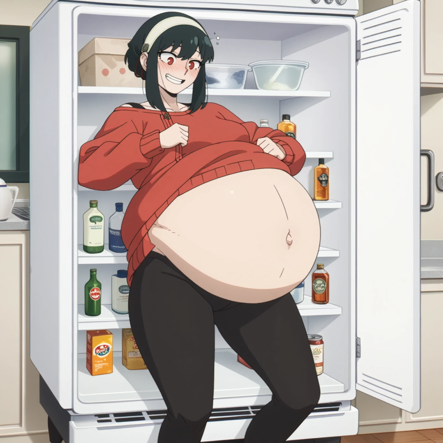 I look at the viewer, One, yorforger,1 girl, ((medium breast)), ((belly stuffed)), ((huge belly)), ((Very drunk)), ((staggers)), black hair, Red eyes, short hair with long strands, white hair band, from the shoulder, ((red sweater)), black tights, ((drank too much)), ((exhausted)), ((excited)), ((in front of the refrigerator)), ((Outdoor refrigerator)), ((lean on the fridge)),