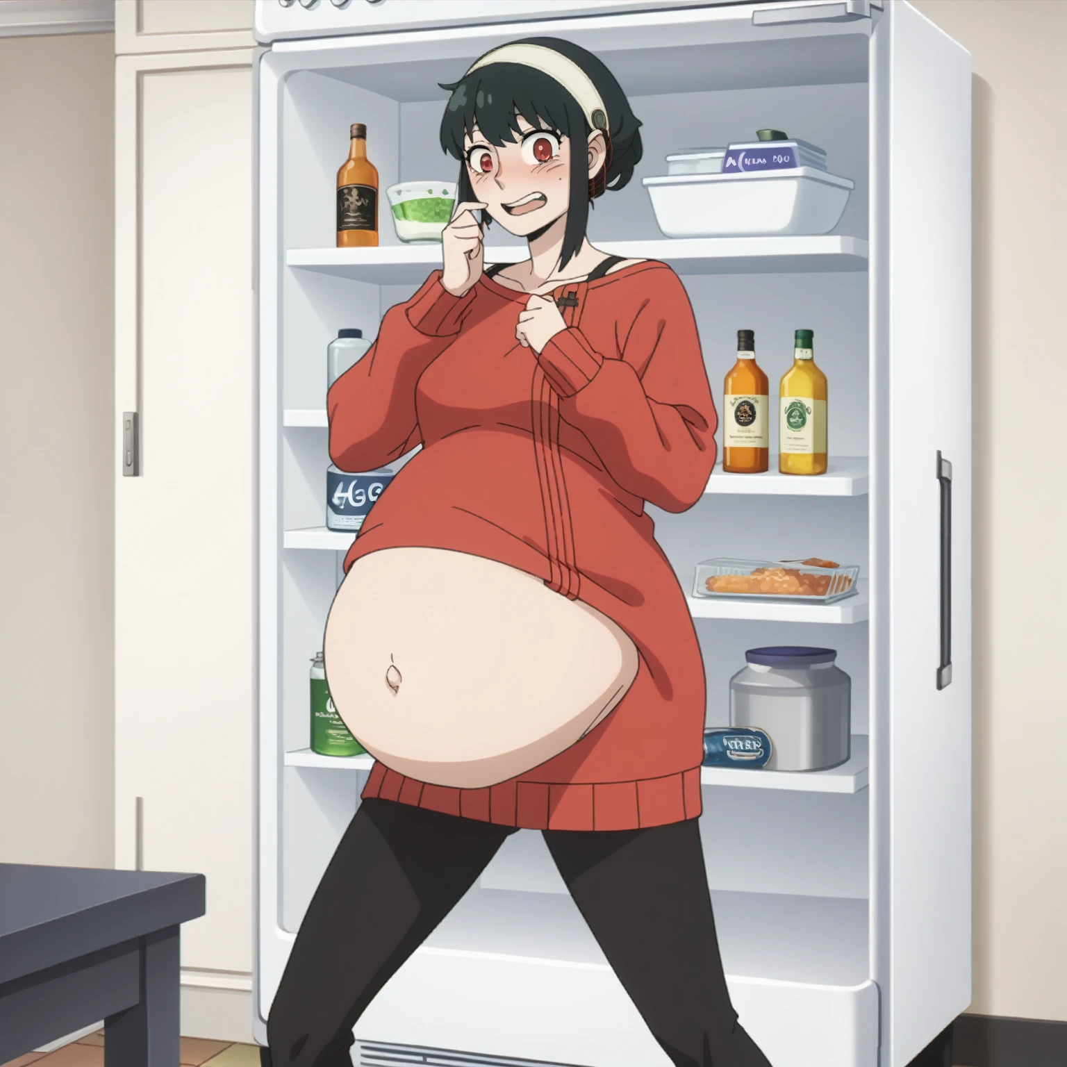 I look at the viewer, One, yorforger,1 girl, ((medium breast)), ((belly stuffed)), ((huge belly)), ((Very drunk)), ((staggers)), black hair, Red eyes, short hair with long strands, white hair band, from the shoulder, ((red sweater)), black tights, ((drank too much)), ((exhausted)), ((excited)), ((in front of the refrigerator)), ((Outdoor refrigerator)), ((lean on the fridge)),