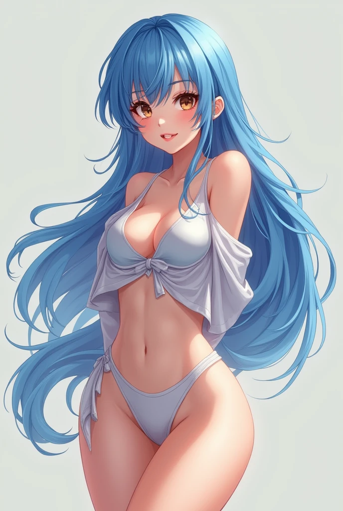 beautiful and curvaceous, fair-skinned young woman who is rather tall and slender. She has light brown eyes and waist-length blue hair, and large bust anime
