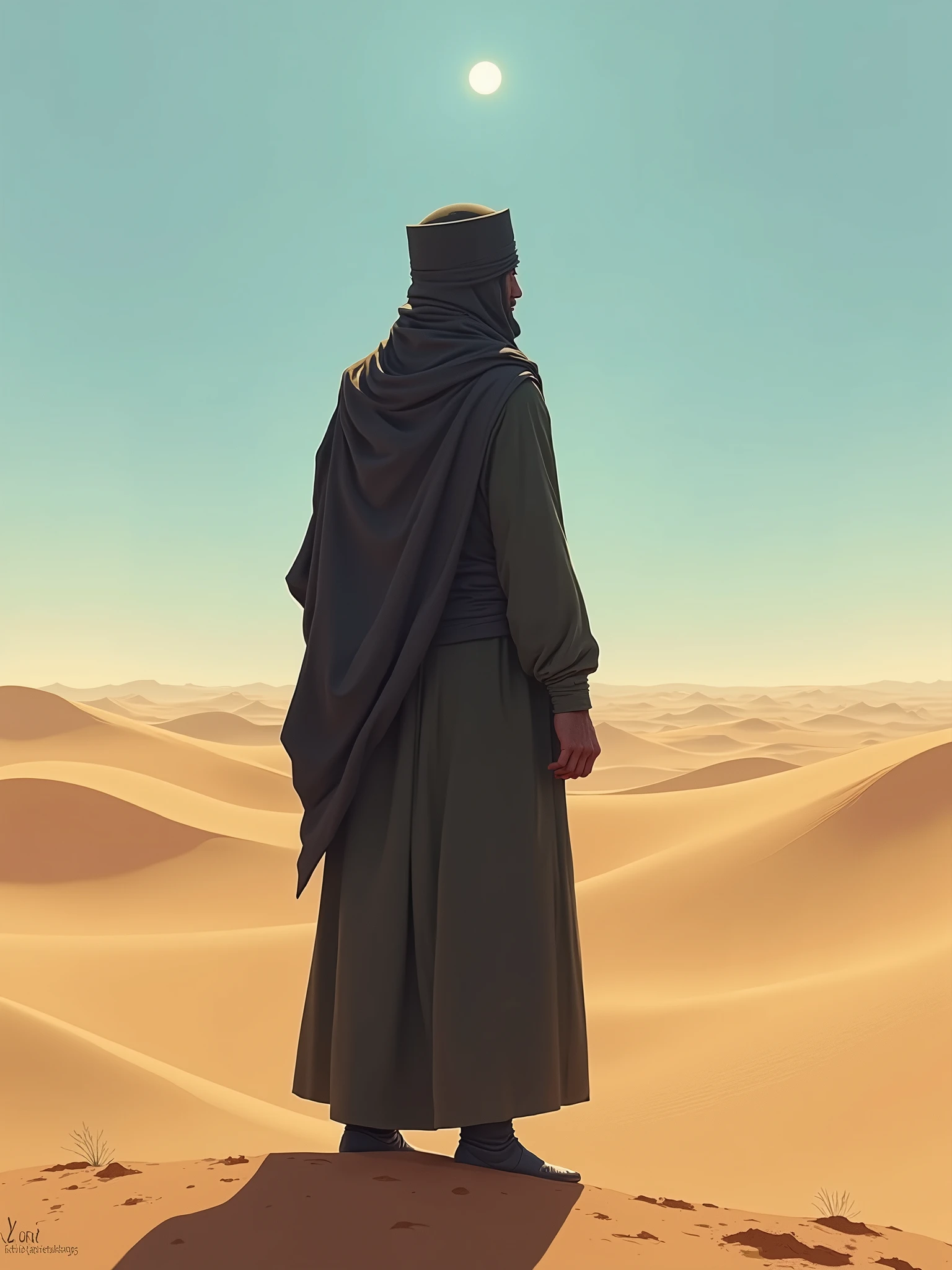 A Muslim man named Yuri in the desert looking at the horizon, He covers his face and entire body, He is a Jihadist