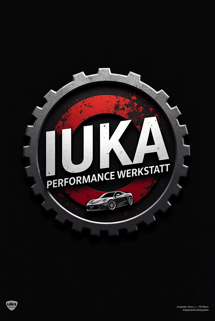 Generate a logo for ‘Uka Performance Werkstatt,’ in capital letters incorporating an emblem or badge design with a car-related icon, such as a gear or engine. The typography should be strong and industrial, with ‘Uka’ as the central element. Use a color combination of black, red, and metallic grey to emphasize the workshop’s focus on high-performance tuning and repairs.
