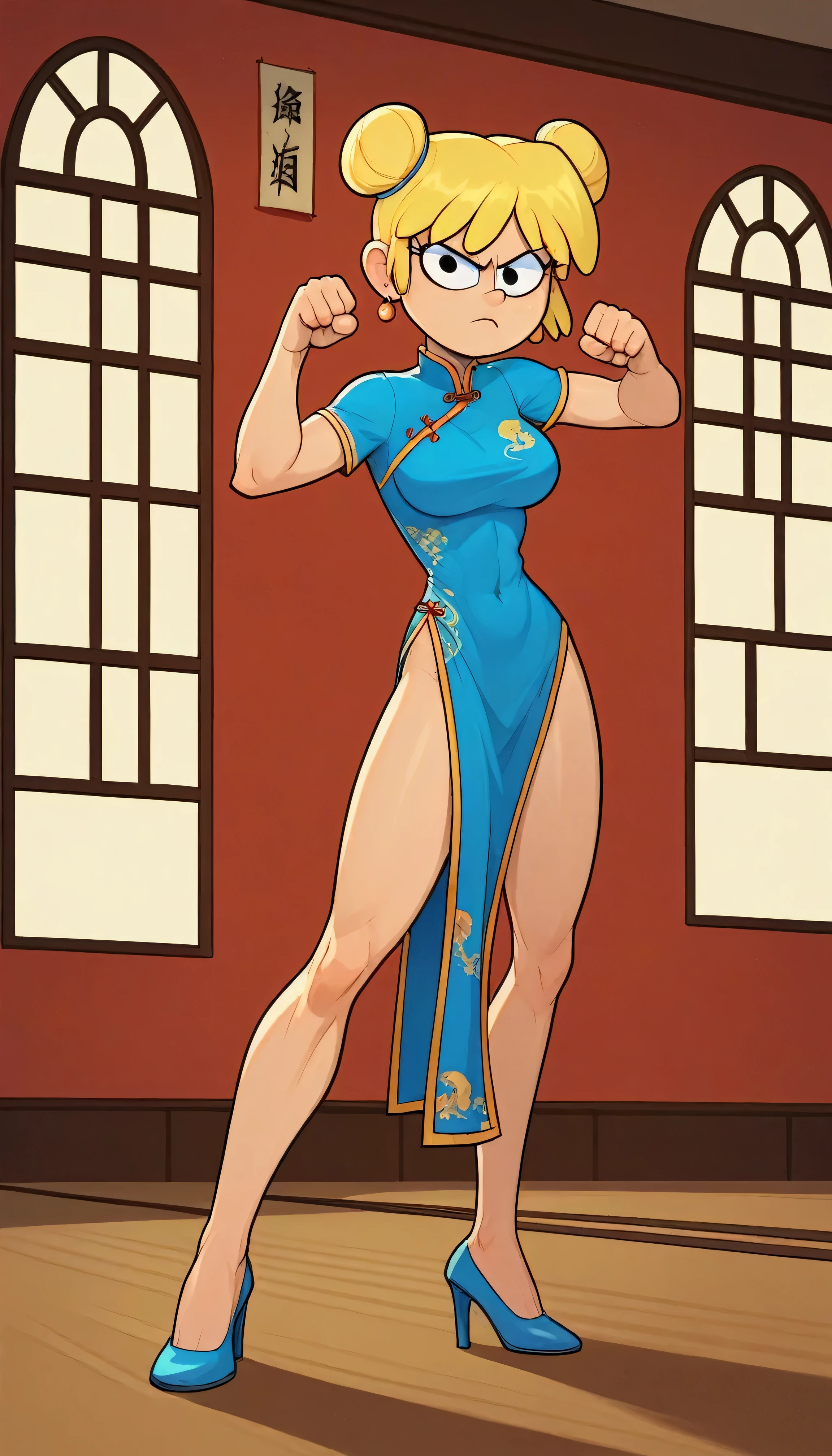 lori loud, 1girl, solo, 24yo girl, blue cheongsam,  inside of a chinese style temple, large breasts, looking at viewer, blonde hair, short hair, two hair buns , hands  score_9, score_8_up, score_7_up, high heels,teep fighting stance,martial arts