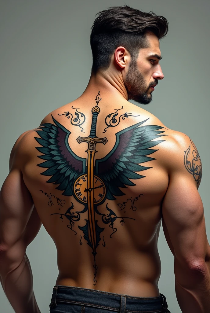 Four-Wing tatoo with sword, time, rune words for man