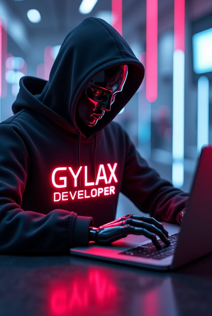 GIVE A FUTURISTIC BACKGROUND ON WHICH A Humanoid robot sitting DOING CODING ON A
Open LAPTOP , wearing a BLACK HOODIE WHICH HAVE A TEXT APPEAR IN NEON Red COLOR TEXT IS
"G Y L A X " " DEVELOPER " IN CLEAR WORDS VISIBLE TO US
IT SHOULD BE IN capital letter,,
IT SHOULD BE GYLAX NOT GALAXY
Humanoid robot face half covered with hoodie
Humanoid robot background should be attractive
Hoodie come over to eyes
Laptop not visible make it visible
Humanoid face have a attractive look or something like this image looks very amazing fantastic
Half covered face with hoodie
It's position in right side
Laptop and humanoid both should visible a big image and
Attractive background like developers
Humanoid size is too big make it some small