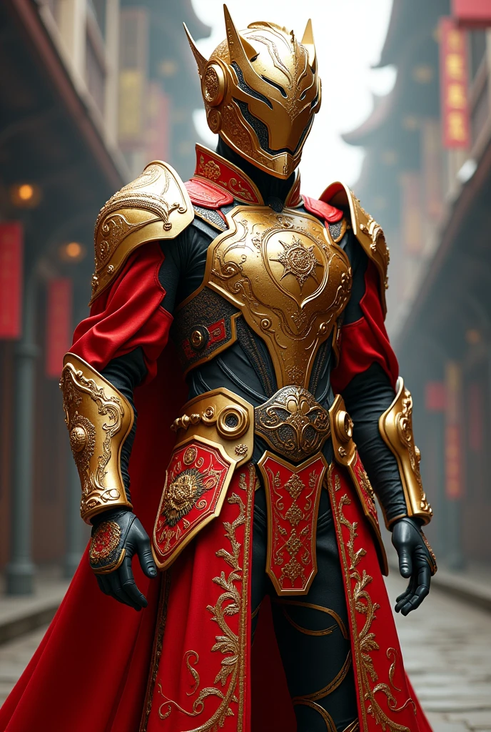 The armor showcases a blend of traditional Chinese motifs and modern technology, featuring ornate patterns and a gold and red color scheme. It integrates advanced surveillance systems and energy-based weaponry, reflecting China’s rapid technological progress and cultural heritage.