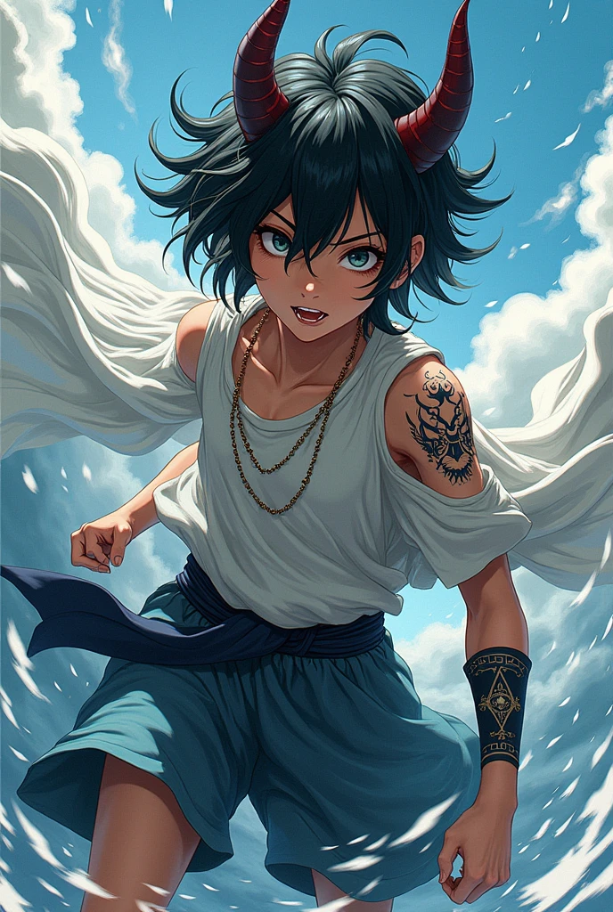 Create a teenage anime character looking like a demon with arm bands and wind power