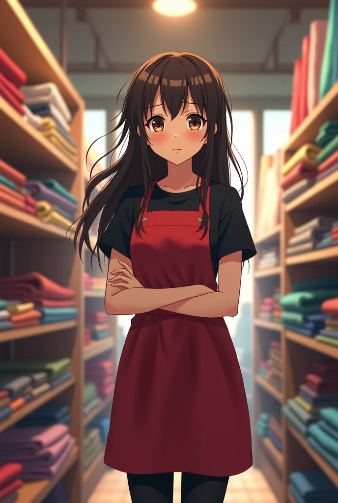 Create a brunette anime girl about 20 years old with long black hair and her hair would be somewhat unruly and brown pupils and dark circles like a raccoon from sleeplessness with a black shirt and a red apron also put black pants on her and white tennis shoes put her in the background of a fabric store and make her look like they are serving a person