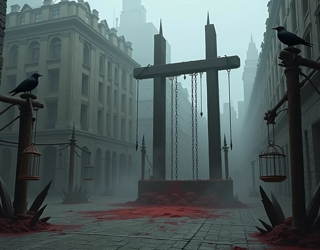 A dark and foreboding visual depiction of a city center transformed into an execution zone. At the heart of the square stands a large, imposing scaffold made of dark, weathered wood, stained with the blood of countless executions. Iron shackles hang from a thick wooden beam, while a tall, sharpened spike looms nearby. The ground around the scaffold is bare and trampled, the cobblestones worn smooth by the feet of onlookers. A low stone wall encircles the area, adorned with rusted iron spikes, creating a menacing boundary.
In the corners of the square, iron cages hang from tall wooden poles, holding the skeletal remains of previous victims. These grim displays sway and creak in the wind, adding to the eerie atmosphere. The surrounding buildings, once grand, are now darkened by soot and grime, with shattered or boarded-up windows. The scene is often shrouded in a thick, oppressive mist, with the air heavy with the scent of blood and decay.
Crows perch on the rooftops, watching the proceedings below with unblinking eyes, while the distant wail of a mourner and the harsh commands of guards break the heavy silence. The overall atmosphere is one of death and despair, capturing the grim reality of a place where hope is extinguished, and justice is meted out with ruthless finality. The art style should be realistic, emphasizing the oppressive and chilling mood of the execution zone in this dark, dystopian city center.